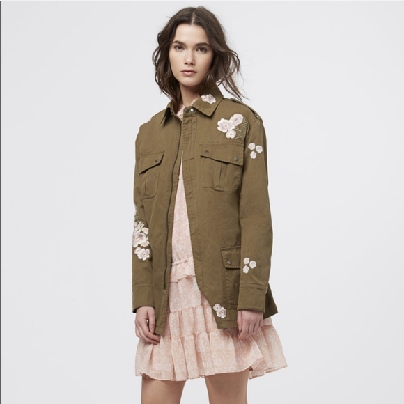 Rebecca Minkoff Franky Olive Green Floral Embroidered Military Jacket Medium - Picture 2 of 11